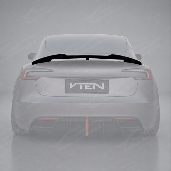 SuperAutoUSA VTEN style gloss black rear trunk spoiler installed on a 2024-2026 Tesla Model 3 Highland