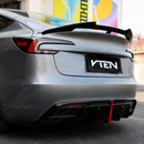 High-gloss black SuperAutoUSA VTEN spoiler providing sharp contrast on a Pearl White Multi-Coat Tesla Model 3