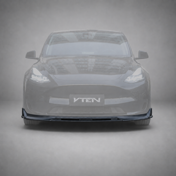 SuperAutoUSA VTEN style gloss black front bumper lip splitter installed on a Tesla Model Y