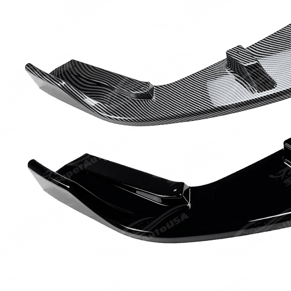 Visual comparison between gloss black and carbon print GT-style rear bumper diffusers.