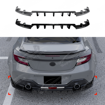 Full rear 3/4 view of a modified 2024 Subaru BRZ featuring the GT-style gloss black aero kit.