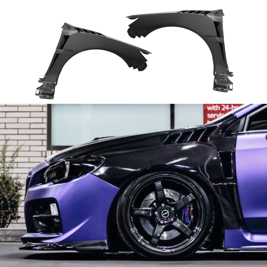 Real Carbon Fiber Front Side Fender Panel Body Kit on Fits 2015-2021 Subaru WRX STI, enhancing the vehicle's aerodynamics and sporty look