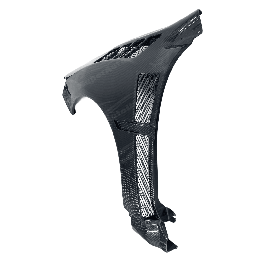 Detailed image of the Real Carbon Fiber Front Side Fender Panel on the Subaru WRX STI, highlighting the precision fit and stylish appearance