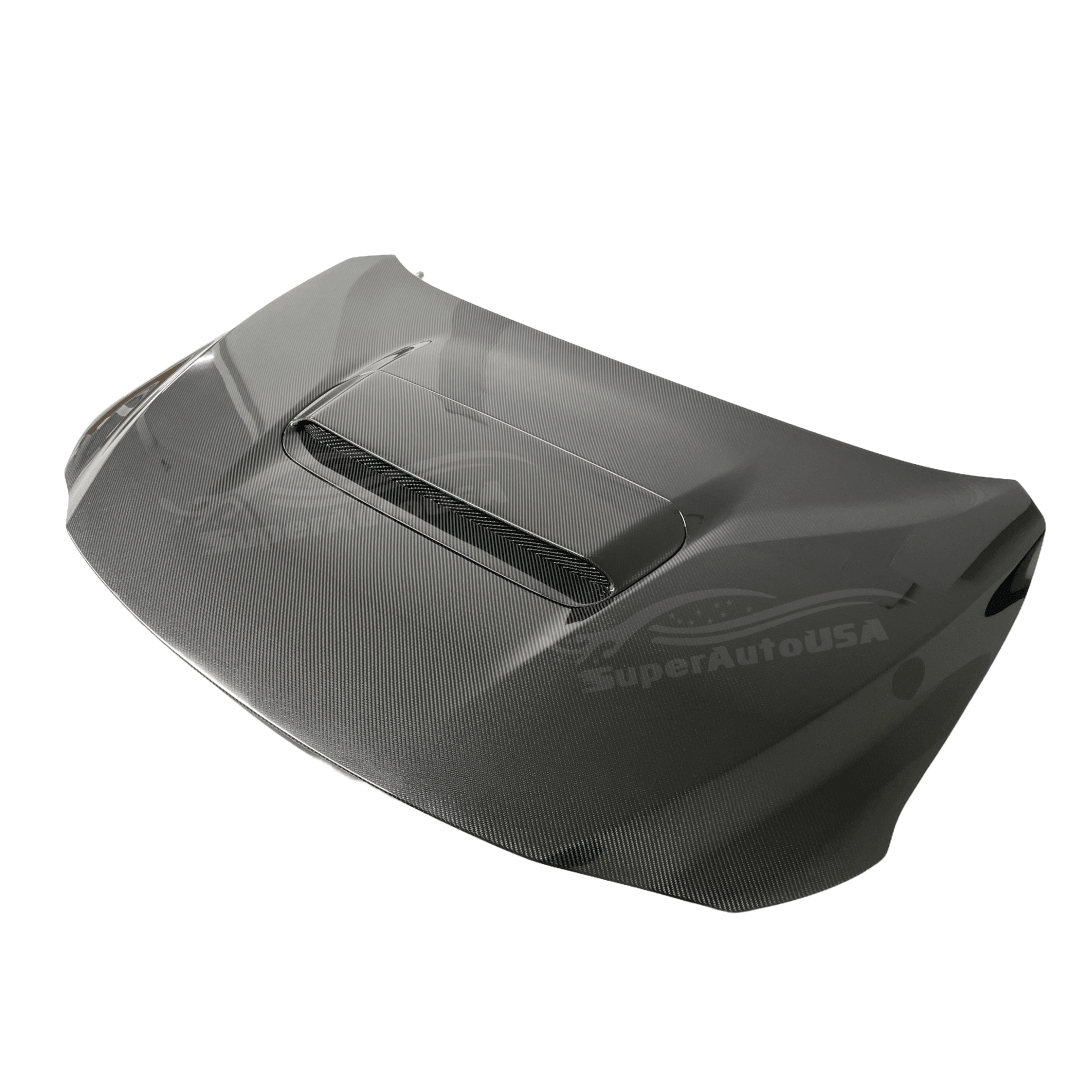 Profile shot capturing the sleek lines and distinct carbon fiber pattern of the Double Side Real Carbon Fiber Front Engine Hood on Fits 2022-2024 Subaru WRX