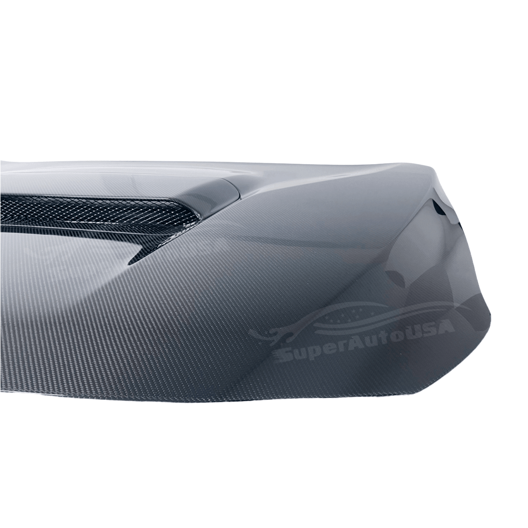 Detailed image highlighting the Double Side Real Carbon Fiber Front Engine Hood on Fits 2022-2024 Subaru WRX, underlining the hood's impact on aesthetics and function