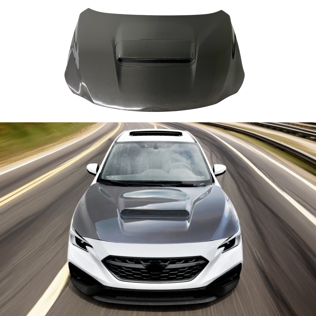 Double Side Real Carbon Fiber Front Engine Hood on Fits 2022-2024 Subaru WRX, showcasing the sleek, lightweight design for enhanced vehicle performance