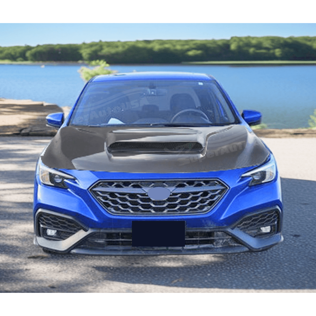 Front view of the Subaru WRX equipped with a Real Carbon Fiber Front Engine Hood, illustrating the car's aggressive stance and enhanced cooling capabilities