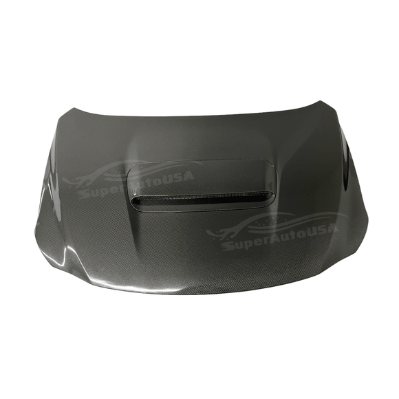 Close-up view of the Real Carbon Fiber Front Engine Hood on the Subaru WRX 2022-2024 model, emphasizing the lightweight and durable construction