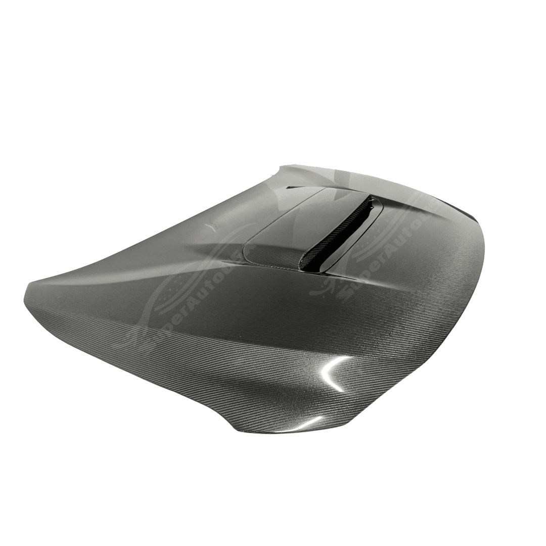 Profile shot capturing the sleek lines and high-quality finish of the Real Carbon Fiber Front Engine Hood on Fits 2022-2024 Subaru WRX, enhancing both aesthetics and functionality