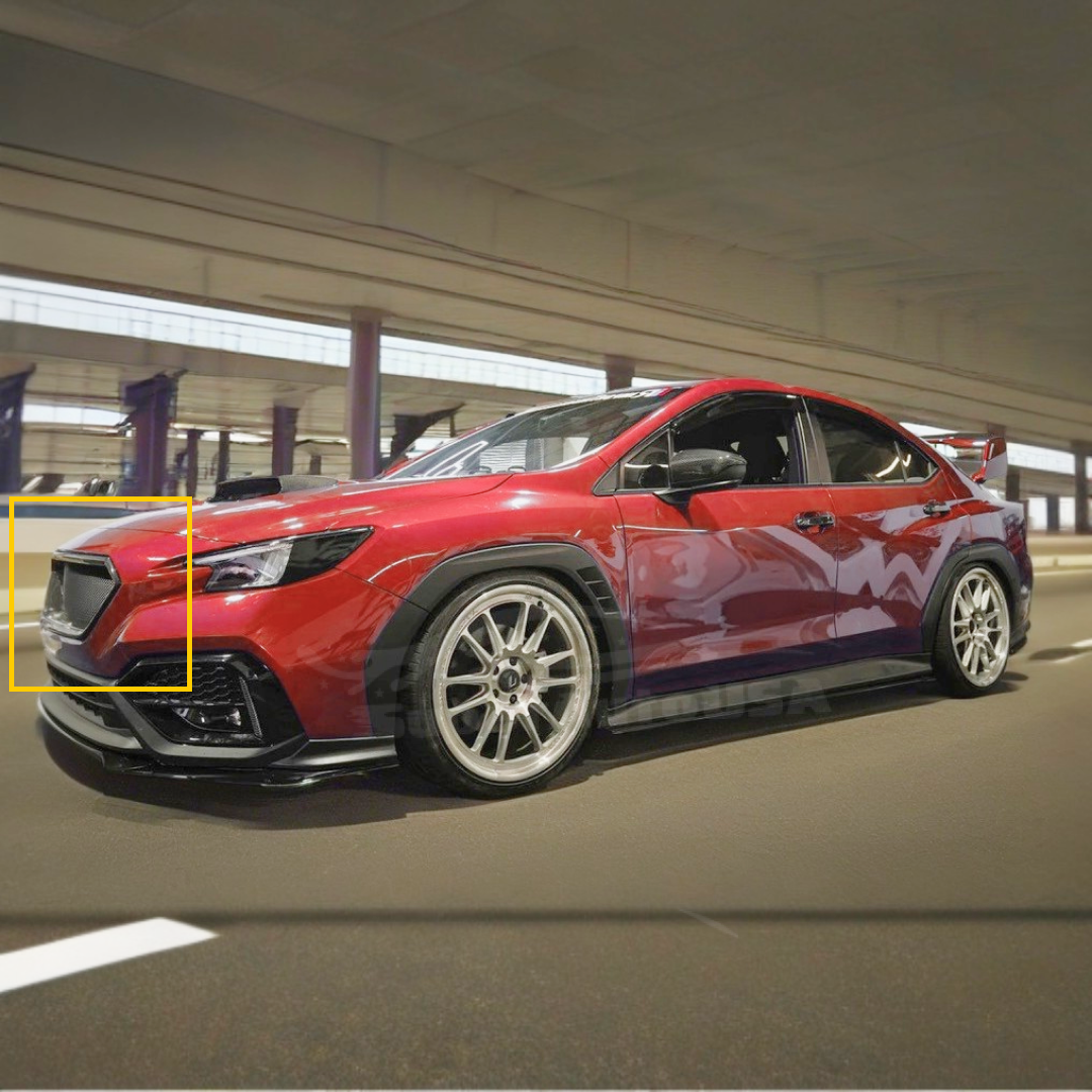 A look at the car front grill on the 2022-24 Subaru WRX STI, demonstrating the integration of pure carbon fiber for sporty appeal