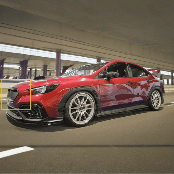 A look at the car front grill on the 2022-24 Subaru WRX STI, demonstrating the integration of pure carbon fiber for sporty appeal