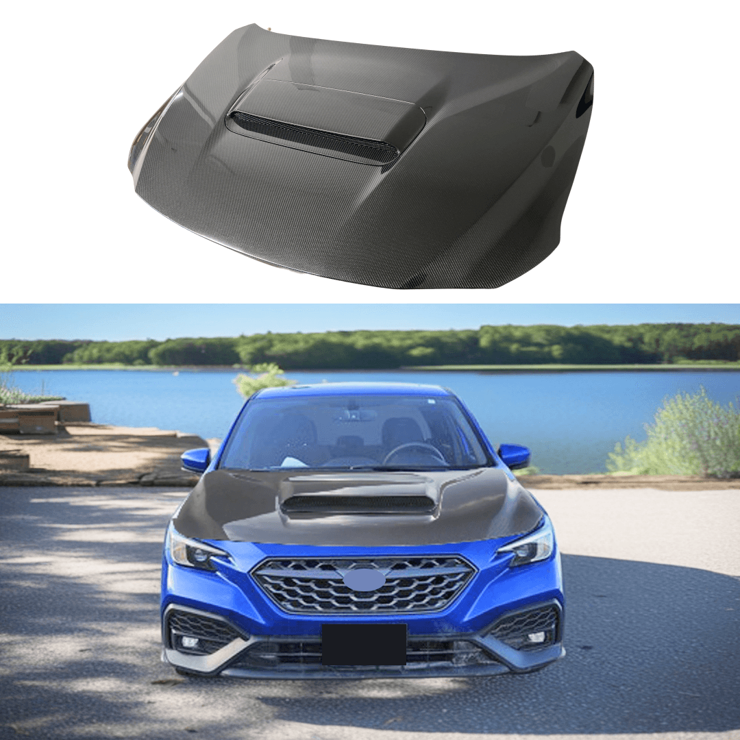 Real Carbon Fiber Front Engine Hood on Fits 2022-2024 Subaru WRX, showcasing sleek design and enhanced aerodynamics for superior performance