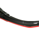 Centered product-only shot of the SuperAutoUSA STI carbon print front splitter with red trim