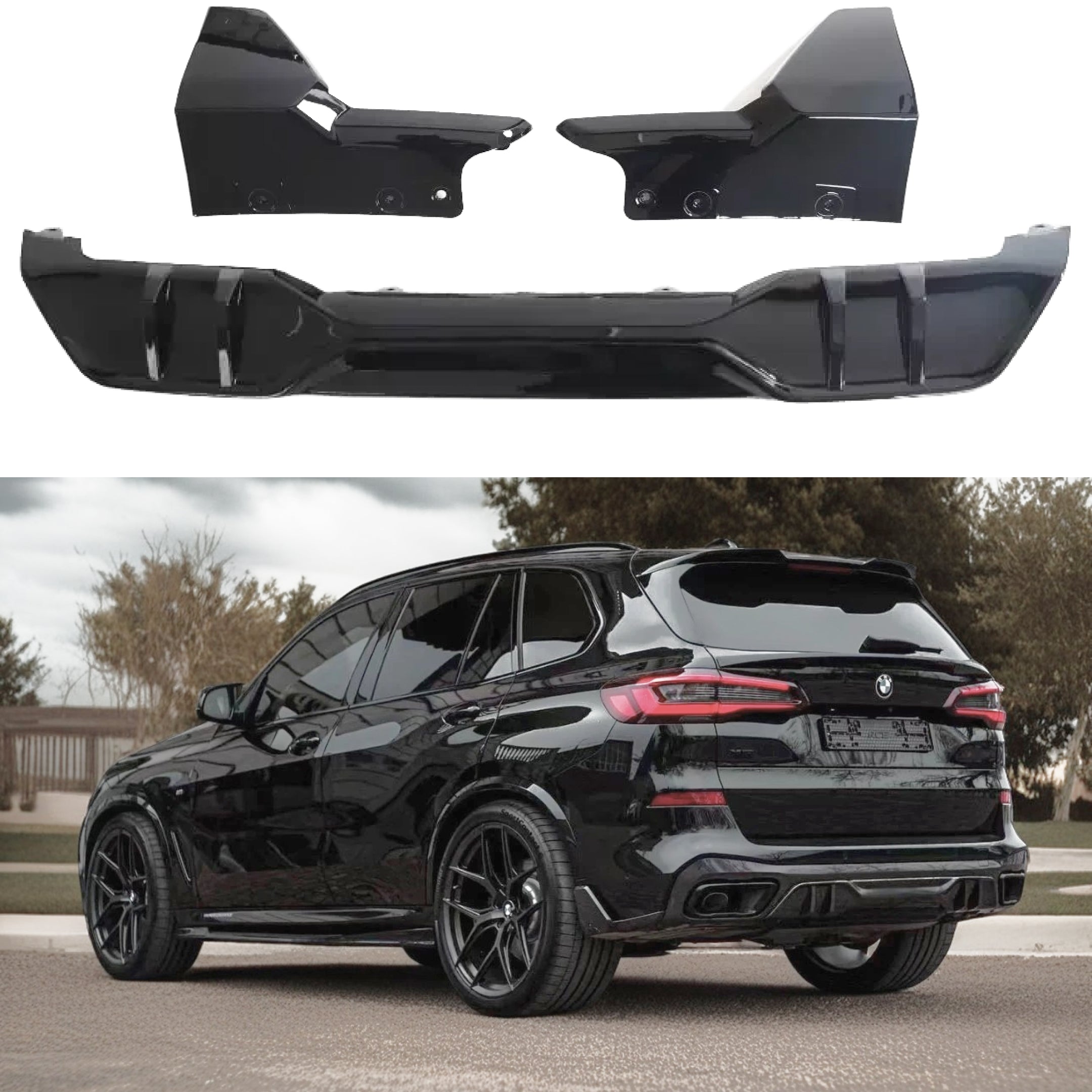 Fits 2019-2025 BMW X5 Rear Bumper Diffuser + Corner Splitters Gloss Black Body Kit