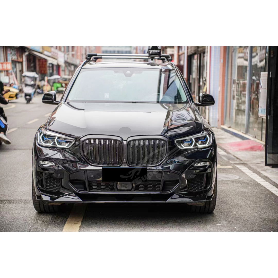 Fits 2019-2023 BMW G05 X5 M Sport showcasing its gloss black front bumper lip spoiler, designed to enhance both style and stability