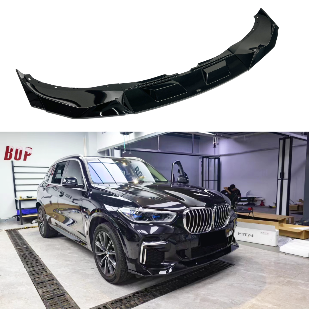 Gloss Black Front Bumper Lip Spoiler on 2019-2023 BMW G05 X5 M Sport, featuring a front spoiler lip splitter for an aggressive look