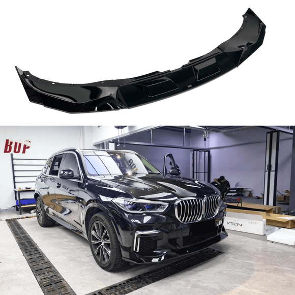 Gloss Black Front Bumper Lip Spoiler on 2019-2023 BMW G05 X5 M Sport, featuring a front spoiler lip splitter for an aggressive look