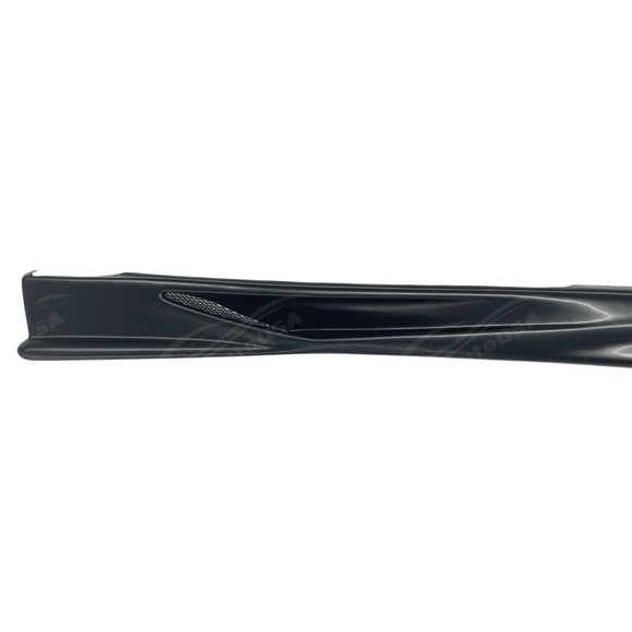 Close-up view of the side under spoiler on 2001 2002 2003 2004 2005 2006 2007 Mitsubishi Lancer Evolution EVO 7 8 9 , featuring PU black side skirt extensions body kit for a sleek, aerodynamic look