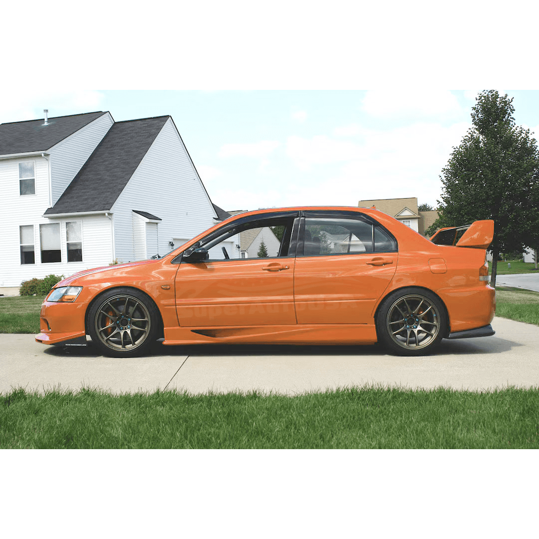 Detailed profile of 2001 2002 2003 2004 2005 2006 2007 Mitsubishi Lancer Evolution EVO 7 8 9  equipped with PU black side skirts, highlighting the side Bottom Extension Lip for an aggressive aesthetic