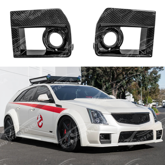 Carbon fiber front bumper fog light cover lamp bezel on a 2009 Cadillac CTS
