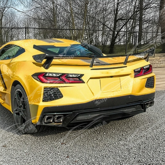 Full rear view of a 2021 Chevrolet Corvette C8 with new roof spoiler