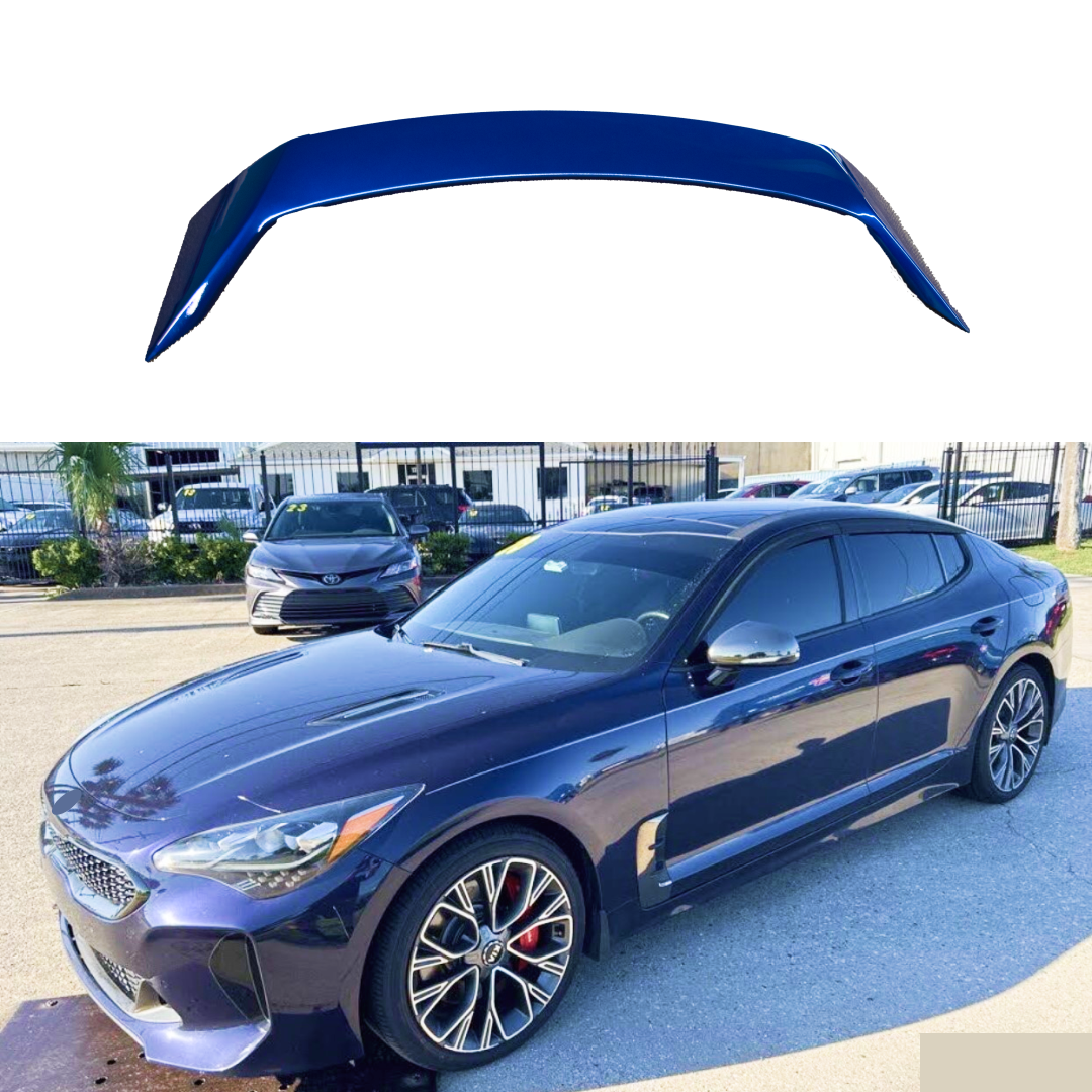 Scorpion GT Celestial Blue Metallic Rear Spoiler Wing for Kia Stinger 2018-2024, featuring a shark fin style, rib fin design, and PP valance bumper with screws for enhanced aerodynamics and styling.