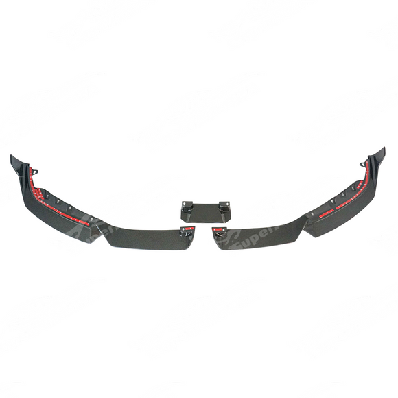 Uninstalled carbon fiber front lip splitter, top view