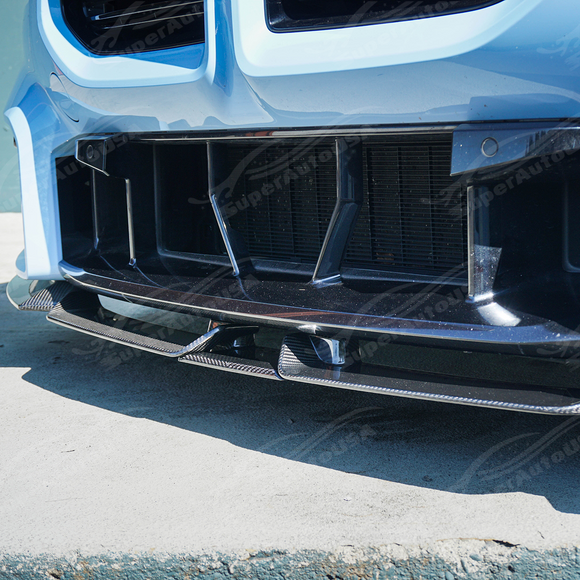 Full front view of a BMW G87 M2 with carbon fiber front lip
