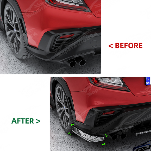 Side perspective highlighting the aerodynamic profile of the carbon print rear side splitters
