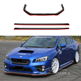 Fit 2015-2021 Subaru WRX STI Side Skirts Body and Front Bumper Lip Spoiler Set (Gloss Black & Red Trim)