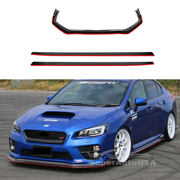 Fit 2015-2021 Subaru WRX STI Side Skirts Body and Front Bumper Lip Spoiler Set (Gloss Black & Red Trim)