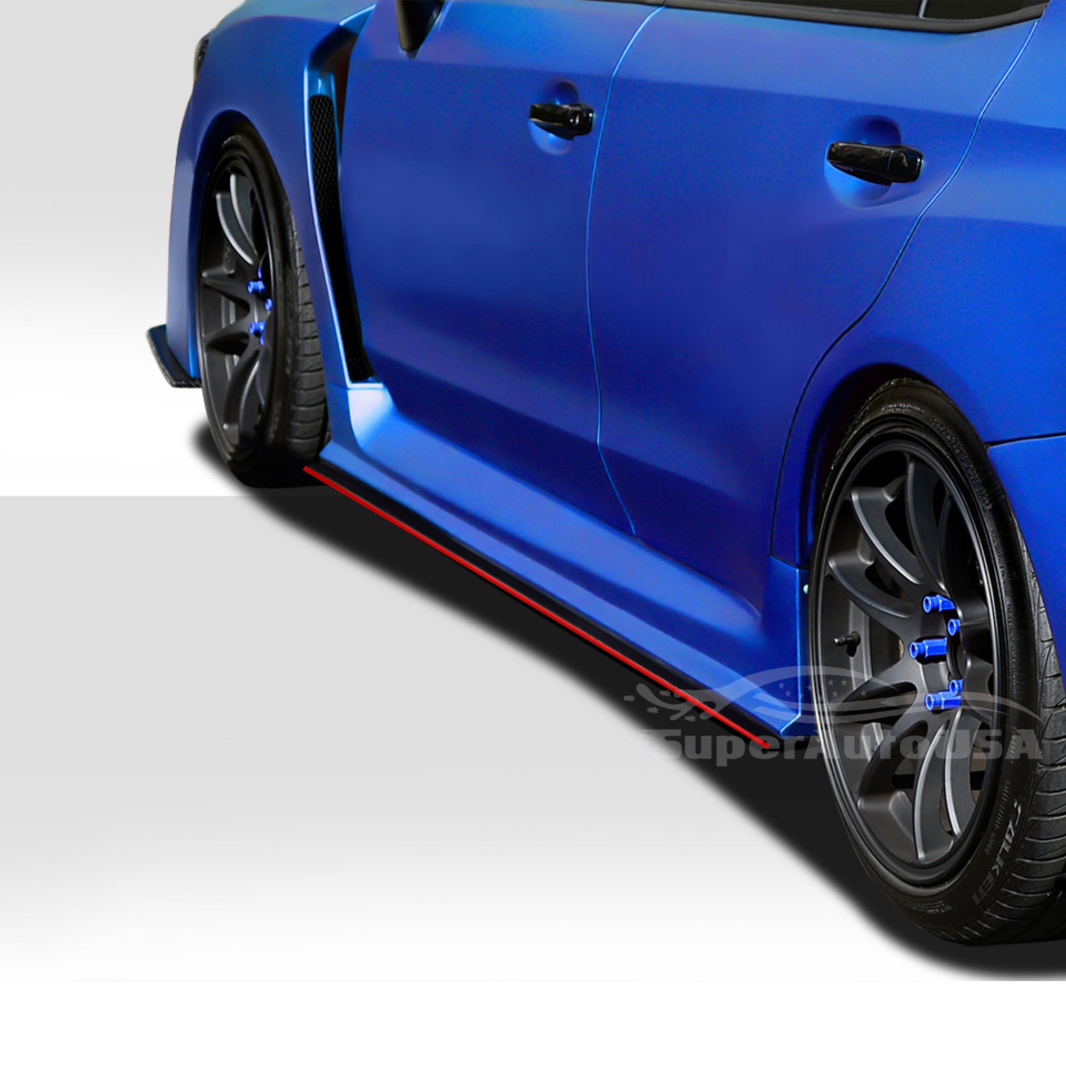 Fit 2015-2021 Subaru Impreza WRX STI Side Skirts Body and Front Bumper Lip Spoiler Set (Gloss Black & Red Trim)