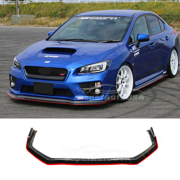 Fit 2015-2021 Subaru WRX STI Side Skirts Body and Front Bumper Lip Spoiler Set (Gloss Black & Red Trim)