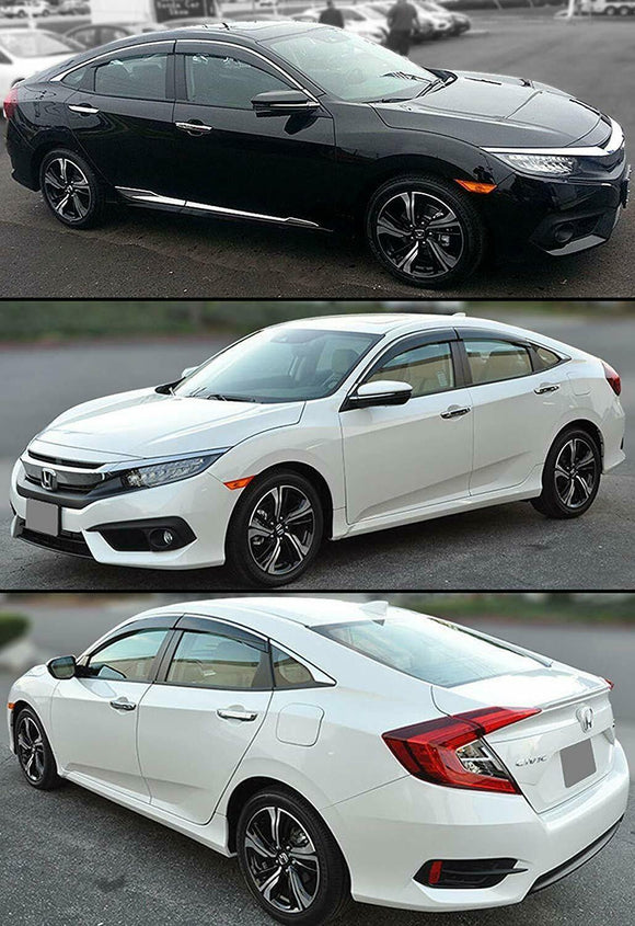 Fit 2016-2020 Honda Civic Clip-On Chrome Trim Vent Window Visors Rain Sun Wind Guards Shade Deflectors