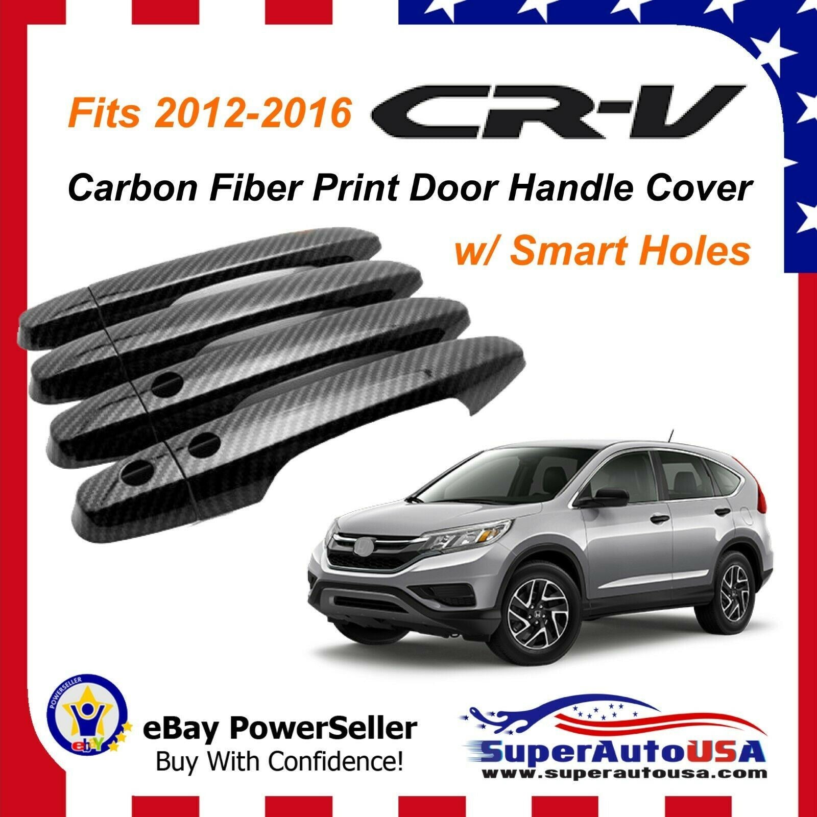 Fit 2012-2016 Honda CR-V CRV Driver Passenger Side Door Handle Covers Trim (Carbon Fiber Print, Smart Holes) - 0