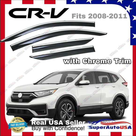 Fit 2008-2011 Honda CRV Clip-On Chrome Trim Vent Window Visors Rain Sun Wind Guards Shade Deflectors