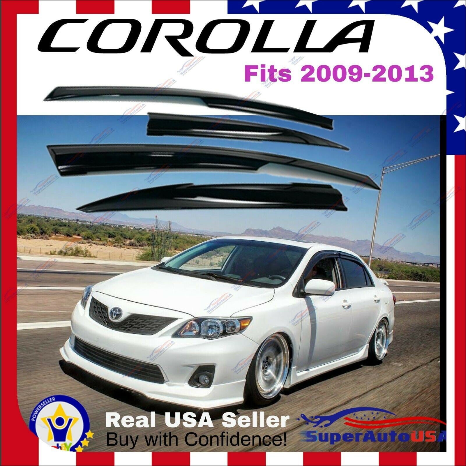 Fit 2009-2013 Toyota Corolla 3D Mugen Style Vent Window Visors Rain Sun Wind Guards Shade Deflectors
