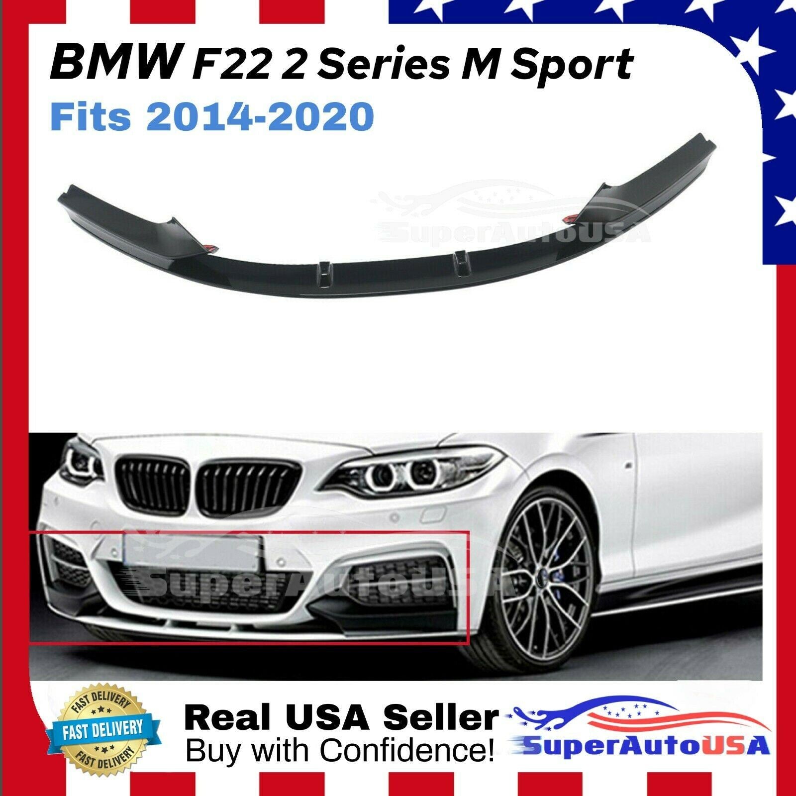 Fit 2014-2020 BMW F22 2 Series M Sport Front Bumper Lip Splitter Spoiler (Gloss Black)