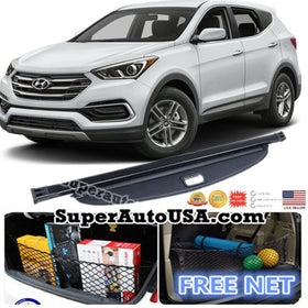 For Hyundai Santa Fe Sport 2017-2018 Luggage Rear Trunk Retractable Tonneau Cargo Cover and Free Net (Black)