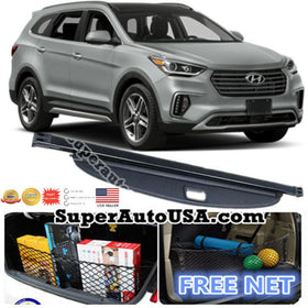 For Hyundai Santa Fe / XL 2013-2018 Rear Trunk Retractable Tonneau Cargo Cover and Free Net (Black)