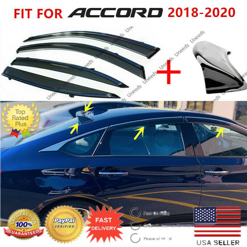 Compatible con Honda Accord 2018-2020, viseras de ventana de ventilación cromadas con clip, protectores contra el viento y la lluvia, deflectores de sombra y alerón de techo trasero - 0