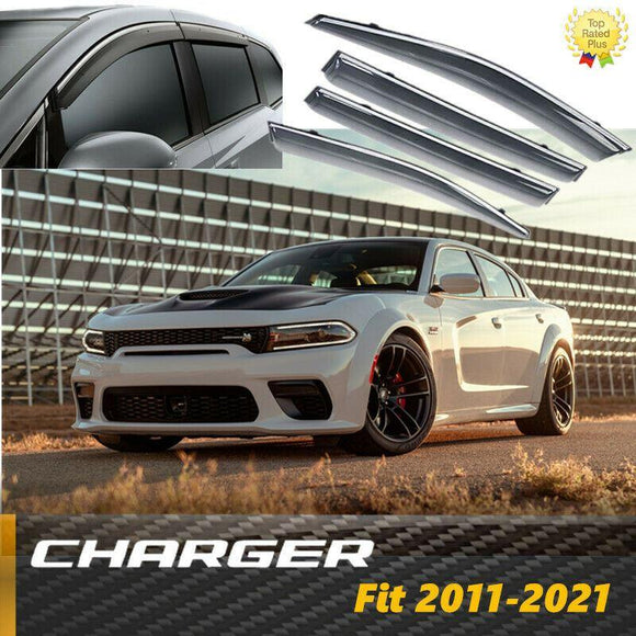 Fit 2011-2021 Dodge Charger Clip-On Chrome Trim Vent Window Visors Rain Sun Wind Guards Shade Deflectors
