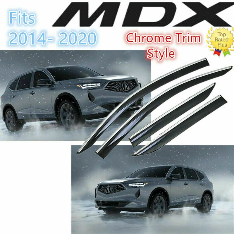Fit 2014-2021 Acura MDX Clip-On Chrome Trim Vent Window Visors Rain Sun Wind Guards Shade Deflectors