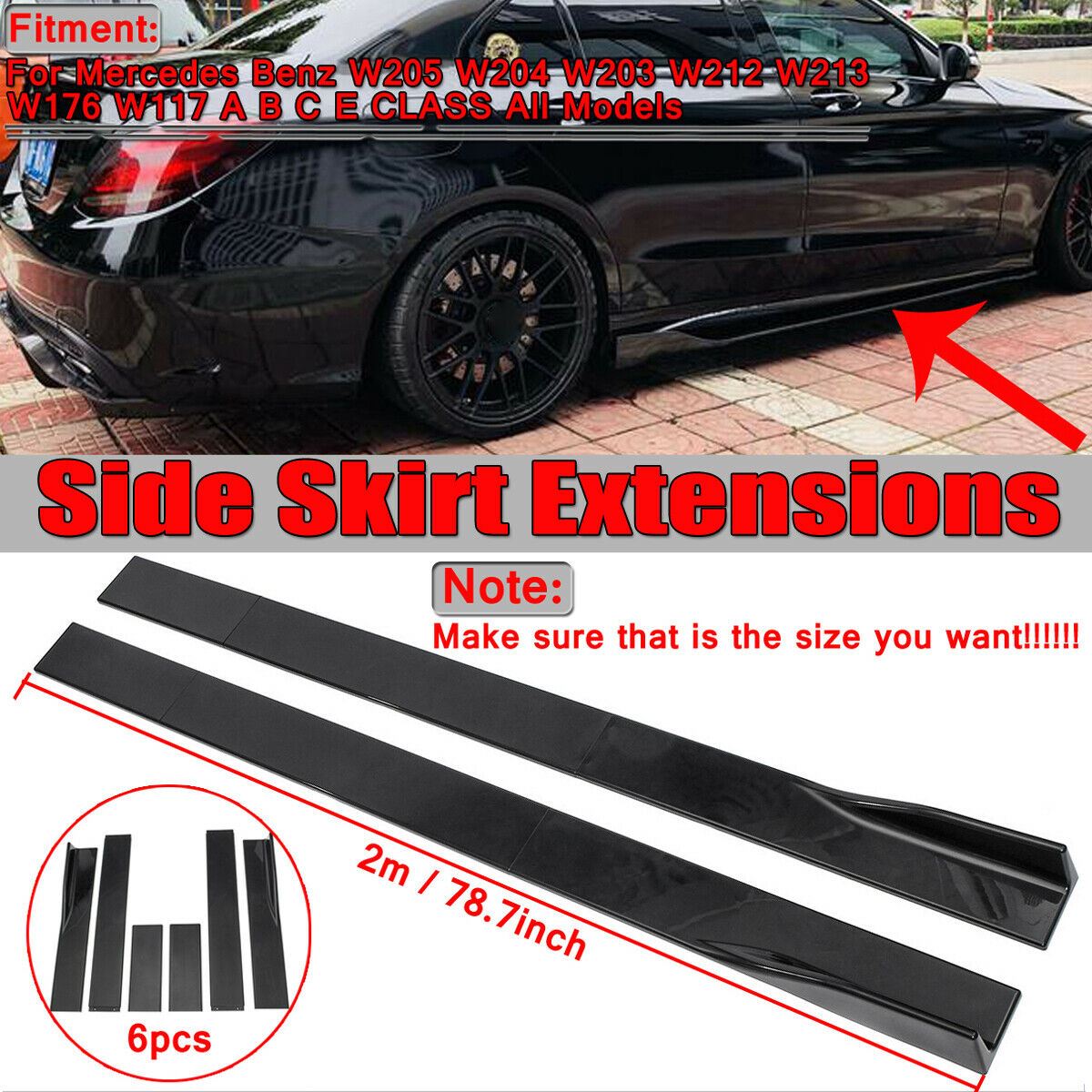 Fit BMW Side Skirt Extensions Splitters Lip Polypropylene 78.7"/2m (Gloss Black) - 0