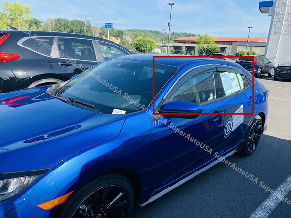 Ajuste 2017-2021 Honda Civic Hatchback Mugen estilo Clip-On Chrome Trim Vent Window Viseras Rain Sun Wind Guards Shade Deflectors