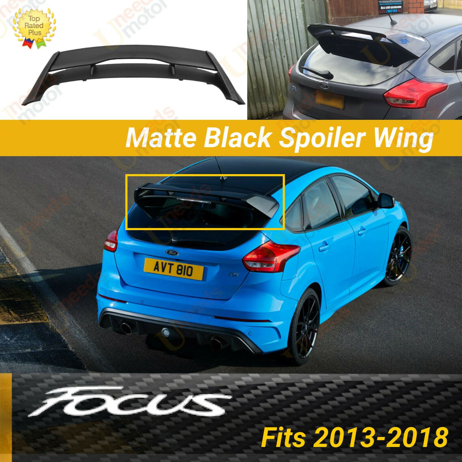 Fit 2012-2018 Ford Focus Hatchback RS Style Rear Roof Wing Spoiler (Unpainted / Matte Black)