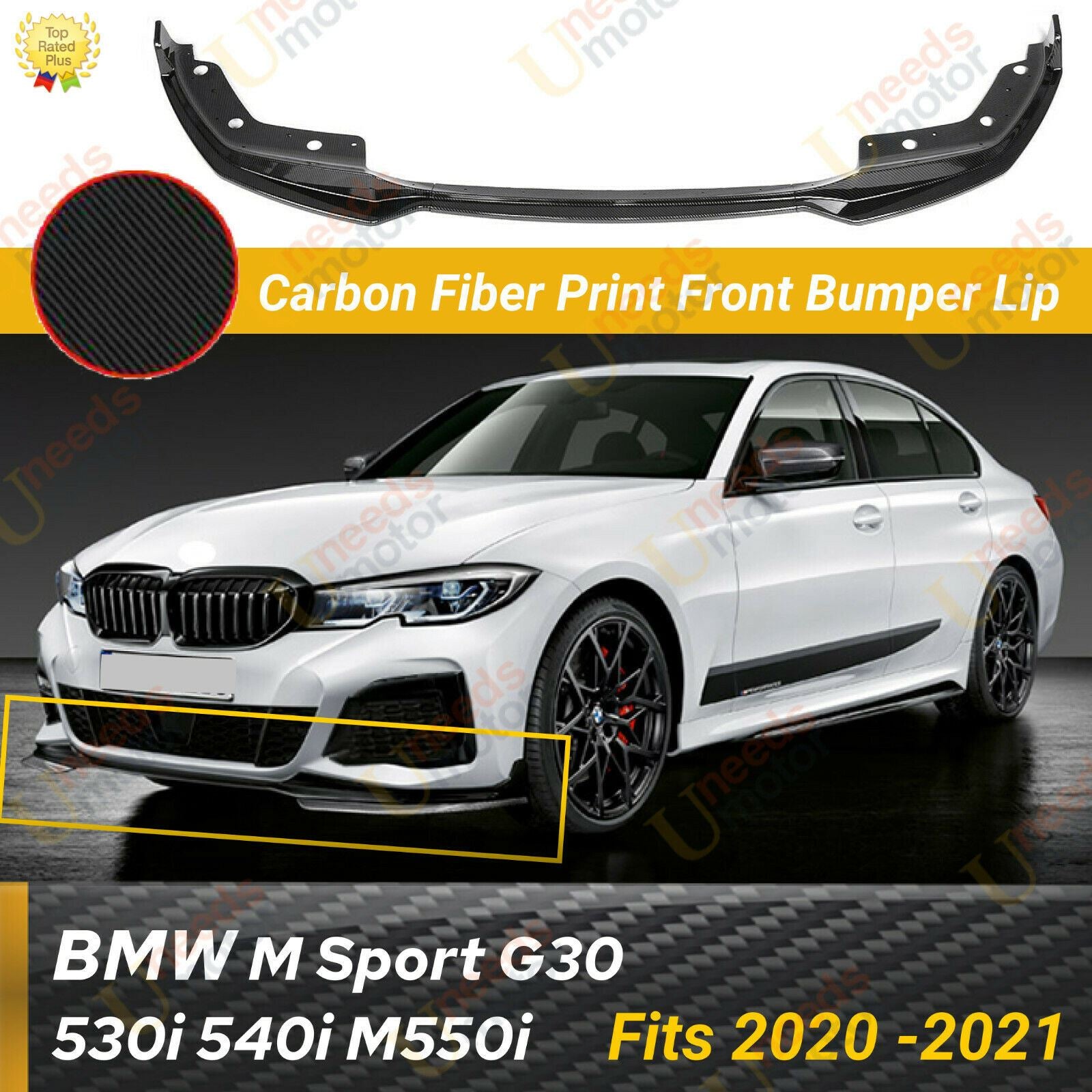Para BMW G30 5 Series M Sport 2021-2022, separador de labios de parachoques delantero (impresión de fibra de carbono)