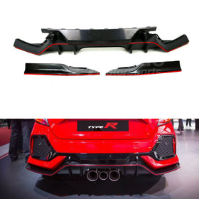 Fits 2017-2021 Honda Civic Hatchback Type R Style Rear Bumper Lip Spoiler Diffuser (Glossy Carbon Fiber Print Red)