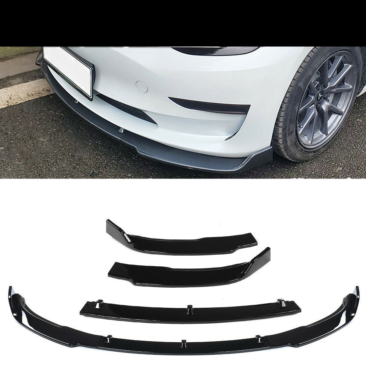Fit 2017-2020 Tesla Model 3 Front Bumper Lip Splitter Chin (Gloss Black)