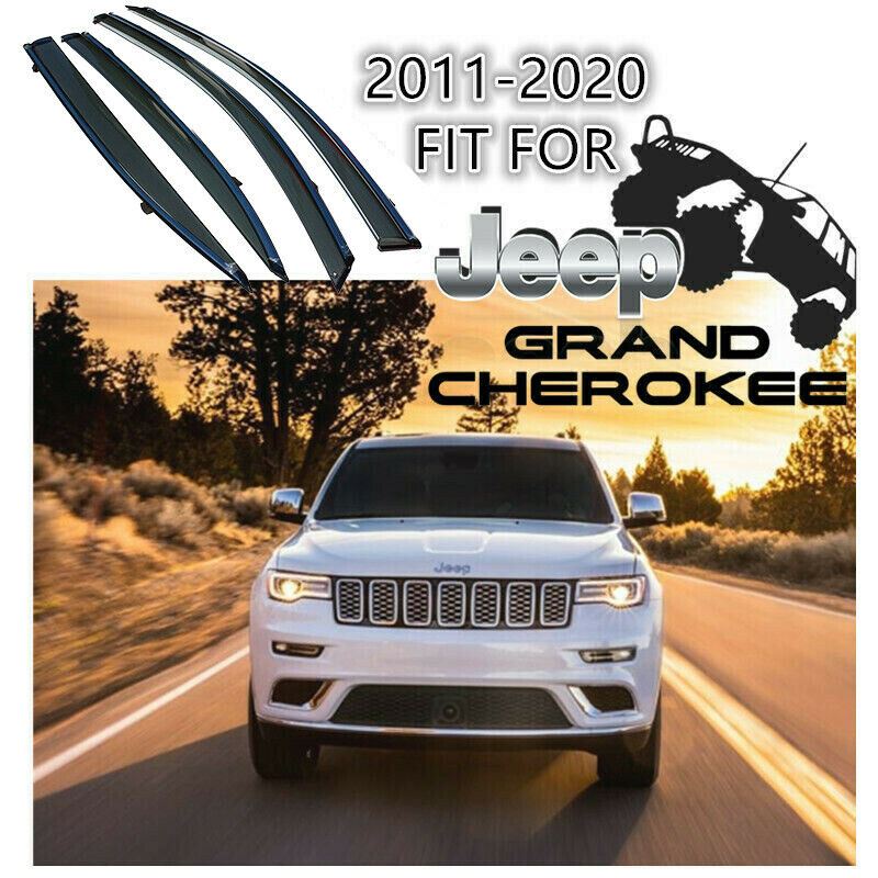 Fit 2011-2020 Jeep Grand Cherokee Clip-On Chrome Trim Vent Window Visors Rain Sun Wind Guards Shade Deflectors - 0